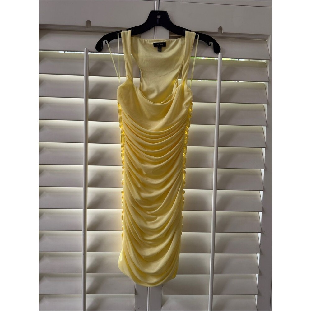 AFRM Lemon Yellow Ruched Cowl Mini Dress